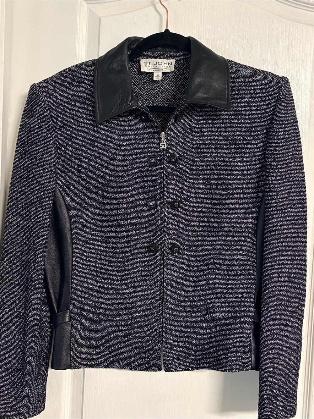 St. John Black Mix Media  Tweed Jacket with Leather Trim